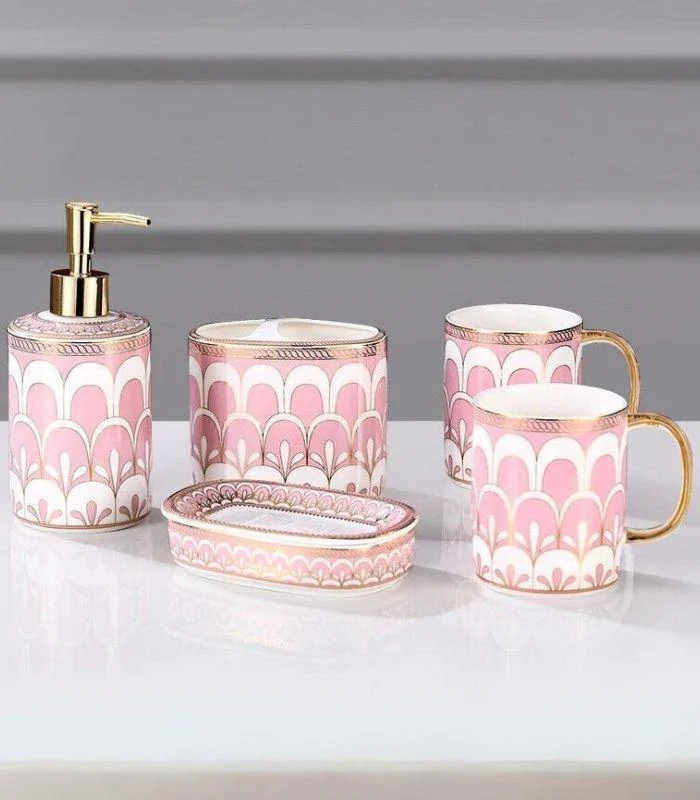 5 Pcs Set Bathroom Assesories Ceramic Pink, White & Gold -  - #tag1#