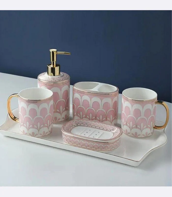 5 Pcs Set Bathroom Assesories Ceramic Pink, White & Gold -  - #tag1#