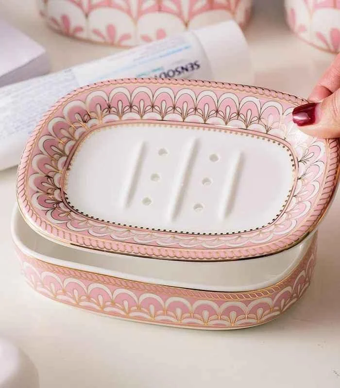 5 Pcs Set Bathroom Assesories Ceramic Pink, White & Gold -  - #tag1#