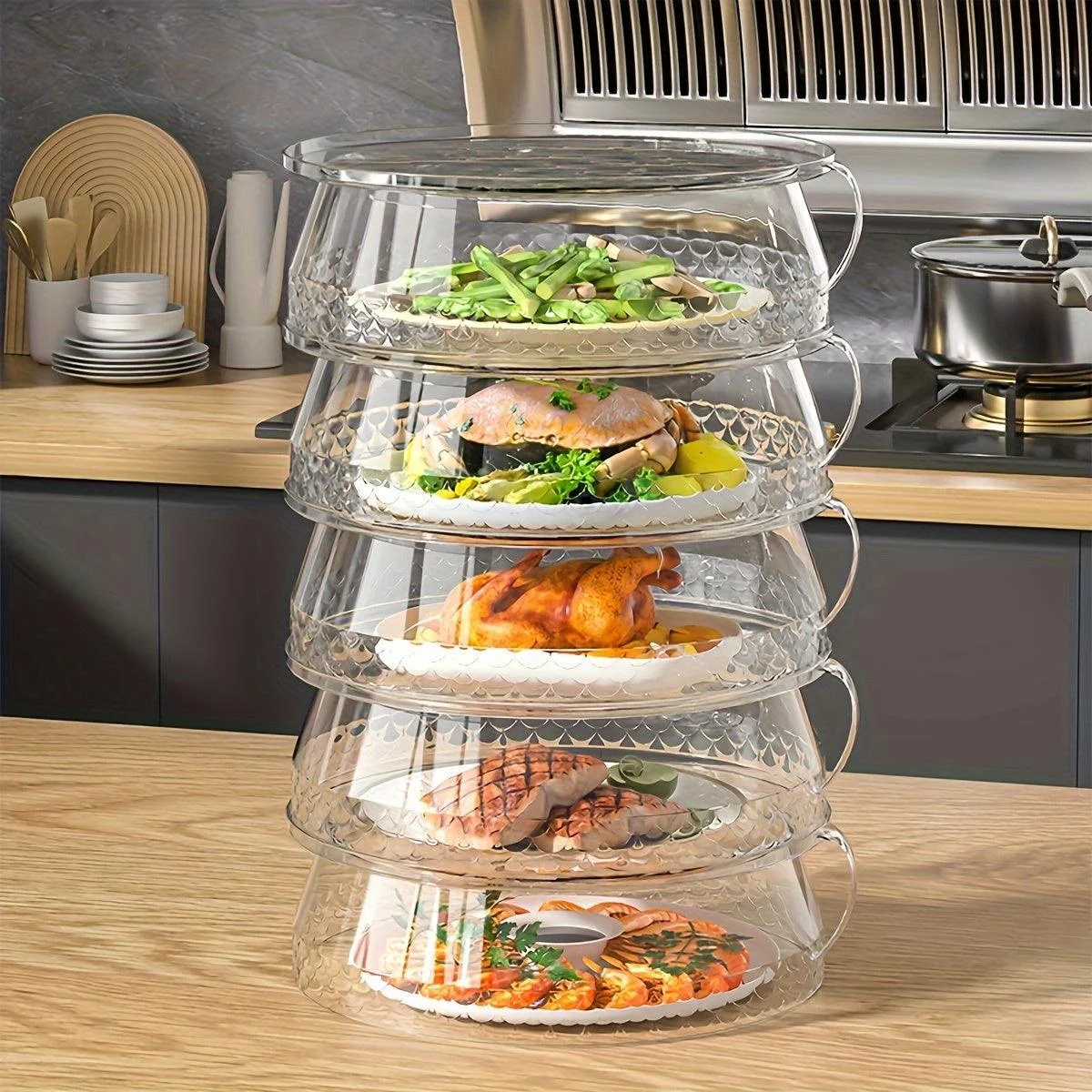 5pcs Stackable Food Cover, Transparent Dust-proof Serving Cover, Food Insulation Cover, Multi-functional Food Protection Cover -  - #tag1#