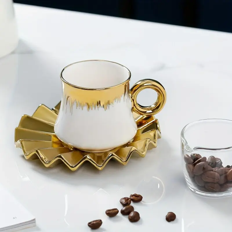6 Sets Coffee Cups And Saucers With Golden Trim And Gift Box Vintage Tea Cups Set tag1