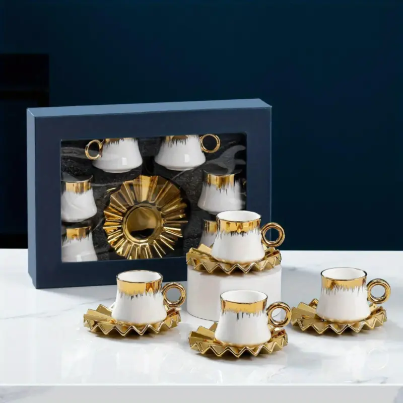 6 Sets Coffee Cups And Saucers With Golden Trim And Gift Box Vintage Tea Cups Set tag1