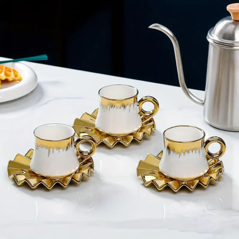 6 Sets Coffee Cups And Saucers With Golden Trim And Gift Box Vintage Tea Cups Set tag1
