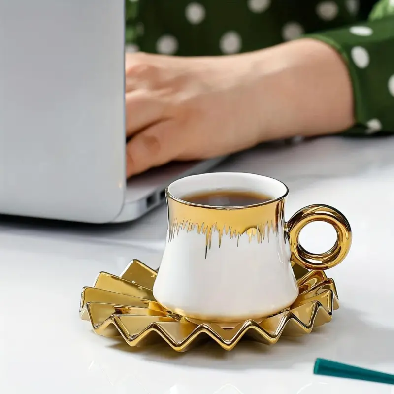 6 Sets Coffee Cups And Saucers With Golden Trim And Gift Box Vintage Tea Cups Set tag1