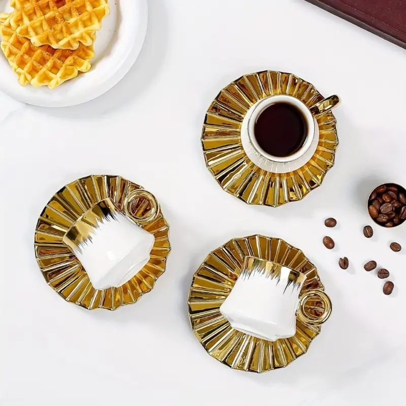 6 Sets Coffee Cups And Saucers With Golden Trim And Gift Box Vintage Tea Cups Set tag1