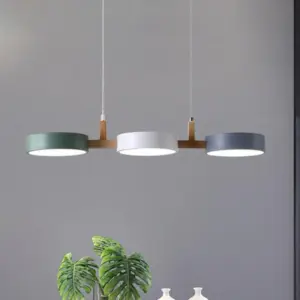 Modern Wooden Arm Pendant Lamp with Multi-Colored Cylinders, 3 LED Heads