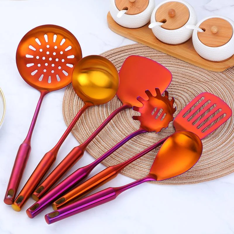 7pcs Set Stainless Steel Rainbow Kitchen Utensils With Holder Cooking Tools Set Turner Ladle Spoon For