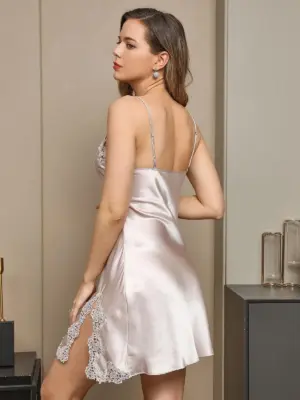 SERENA - Elegant Silk Chemise with Lace and Slit