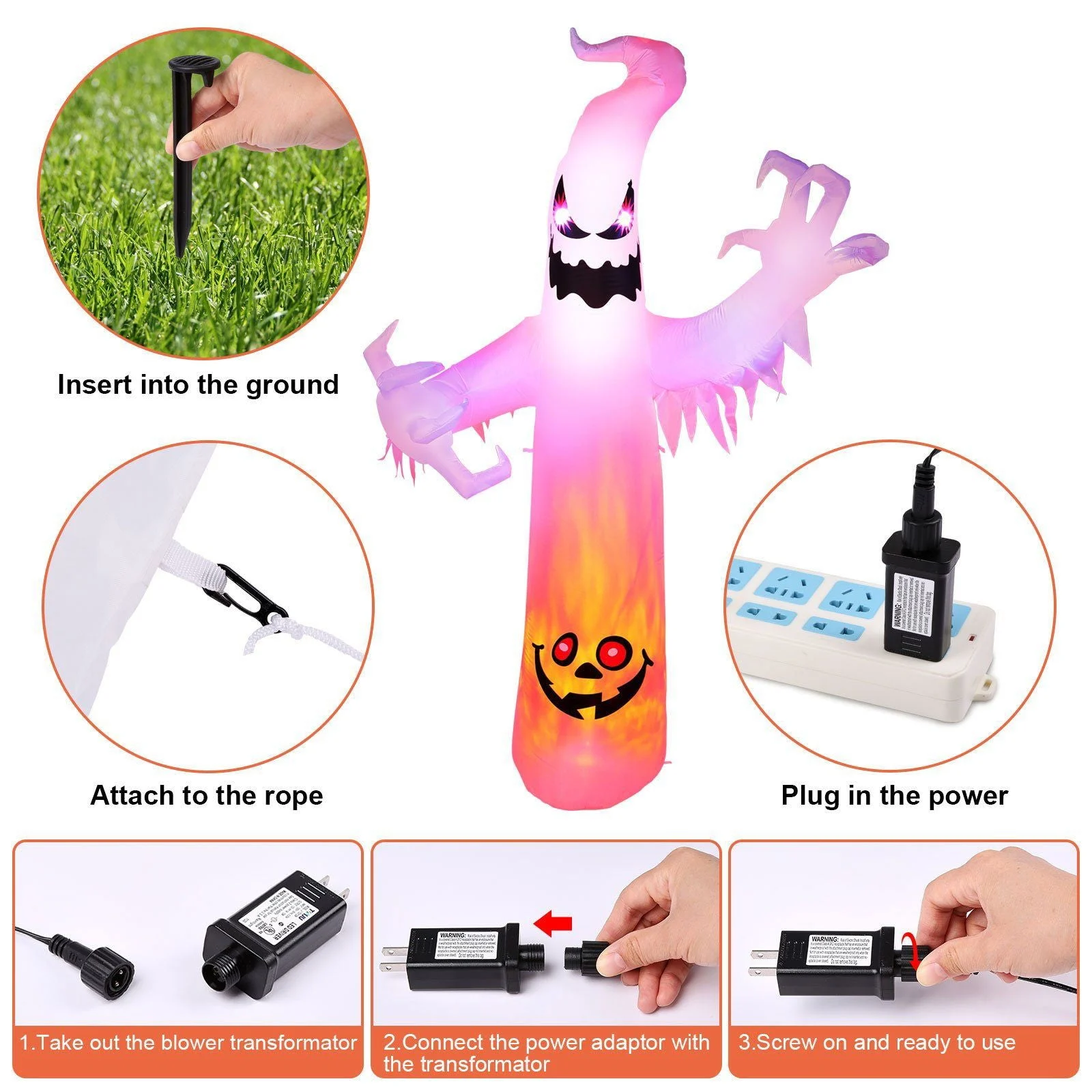8ft Halloween White Ghost Inflatable Outdoor Decoration with Color Changing LED -  - #tag1#