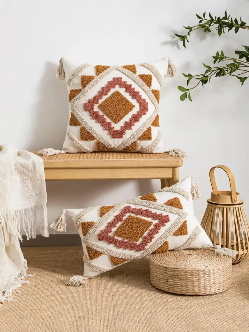 A multi color geometric combination pillow cover with bohemian style loop velvet technology for living room ee76a38d 61be 41da aff3 aa3aa7d13f8a