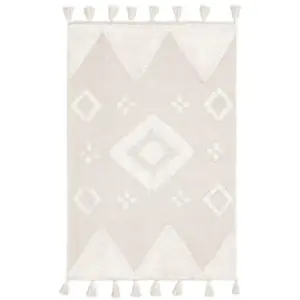 Moroccan Tassel Handmade Rug Beige & White Soft Cotton Non-slip Rug with Tassels