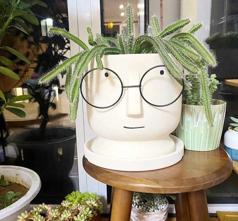 Abstract Cartoon Ceramic Head Planter with Glasses -