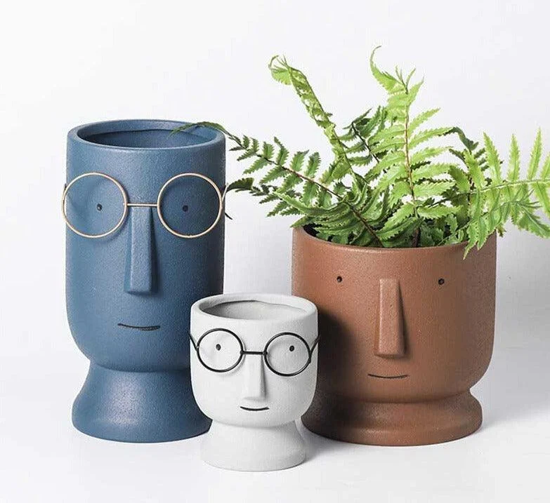 Abstract Cartoon Ceramic Head Planter with Glasses -