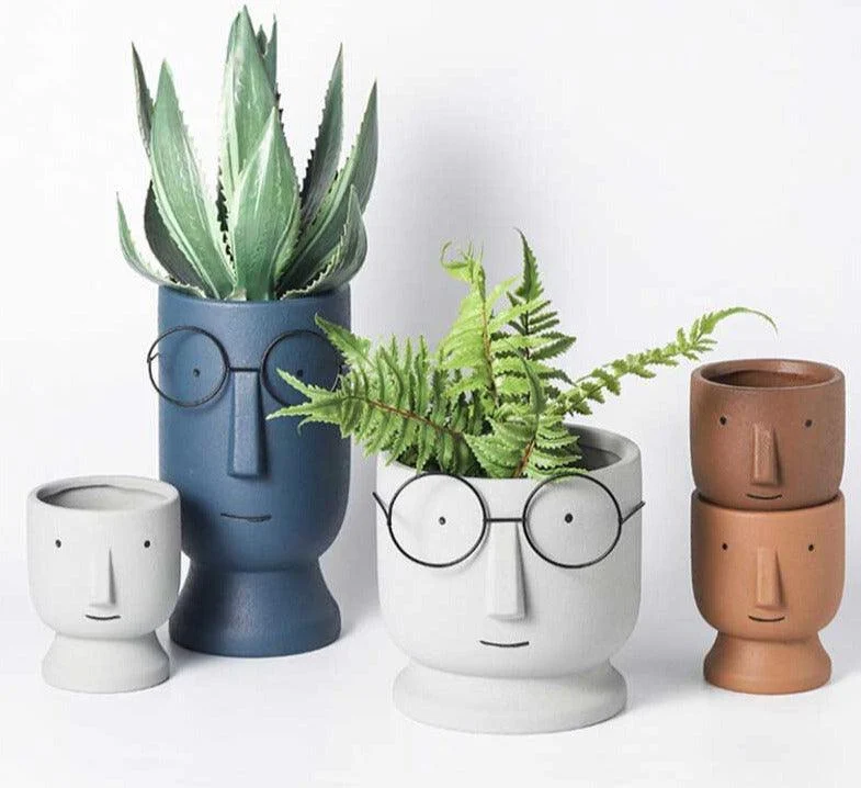 Abstract Cartoon Ceramic Head Planter with Glasses -