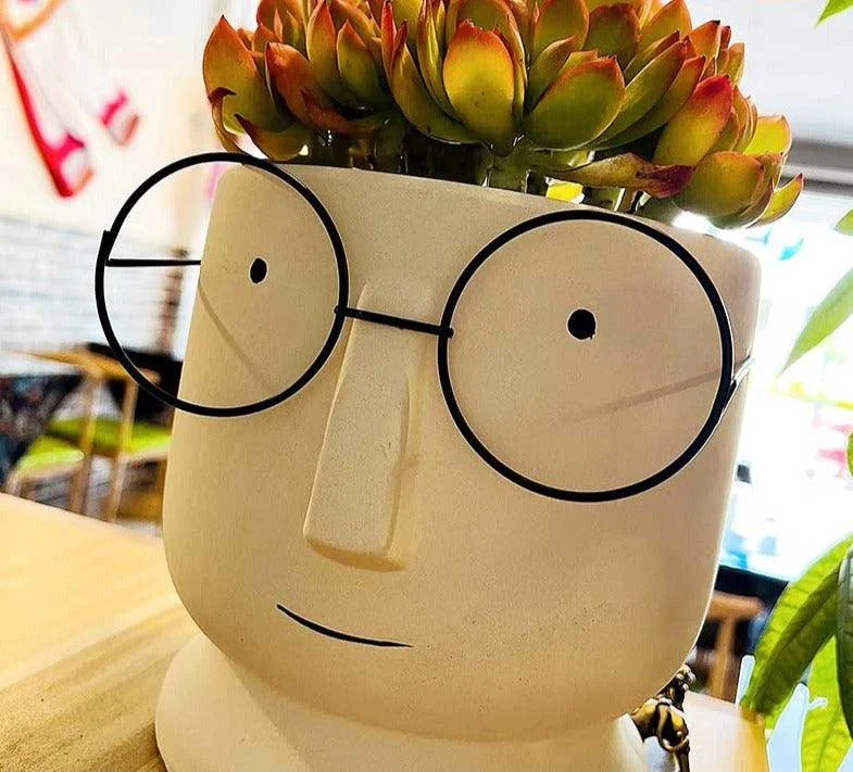 Abstract Cartoon Ceramic Head Planter with Glasses -