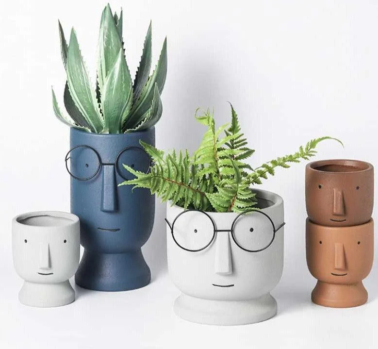 Abstract Cartoon Ceramic Head Planter with Glasses -