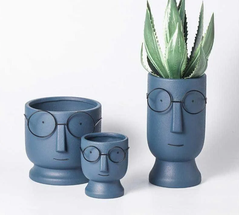 Abstract Cartoon Ceramic Head Planter with Glasses -