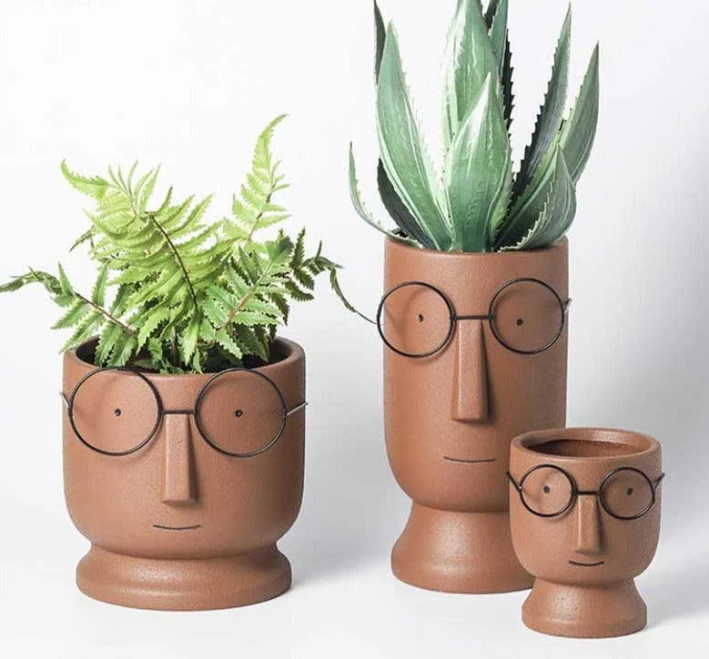 Abstract Cartoon Ceramic Head Planter with Glasses -