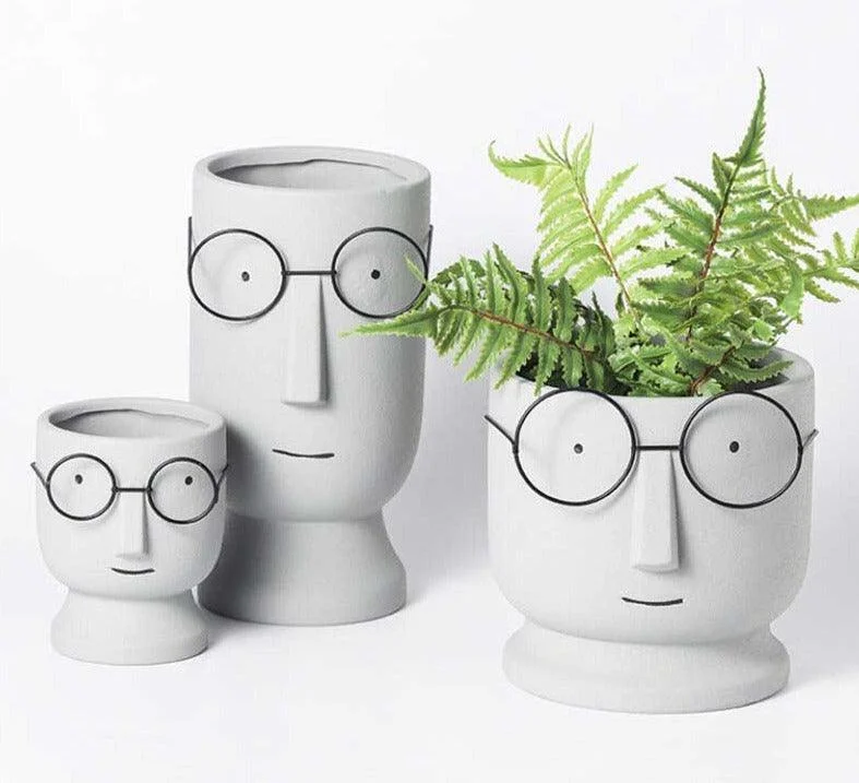 Abstract Cartoon Ceramic Head Planter with Glasses -