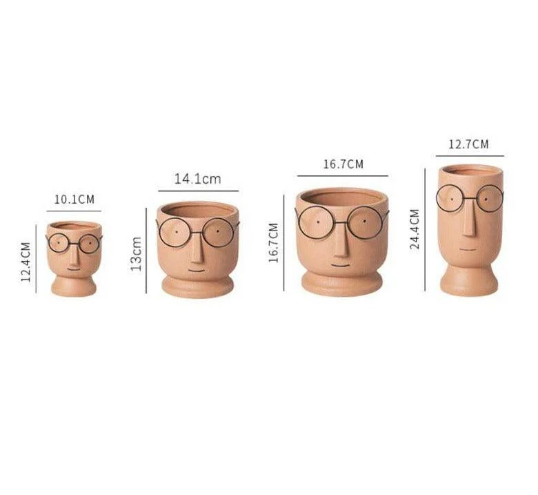 Abstract Cartoon Ceramic Head Planter with Glasses -