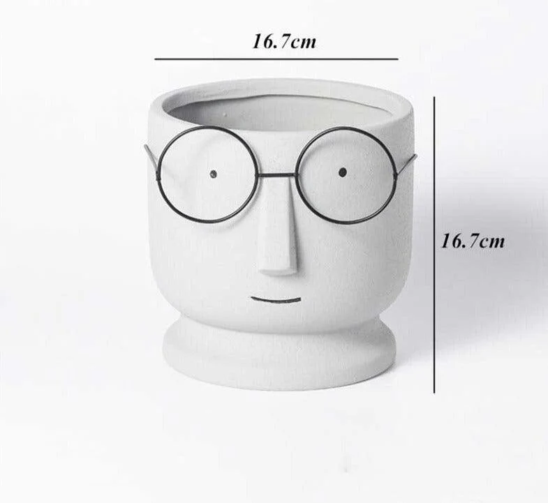 Abstract Cartoon Ceramic Head Planter with Glasses -