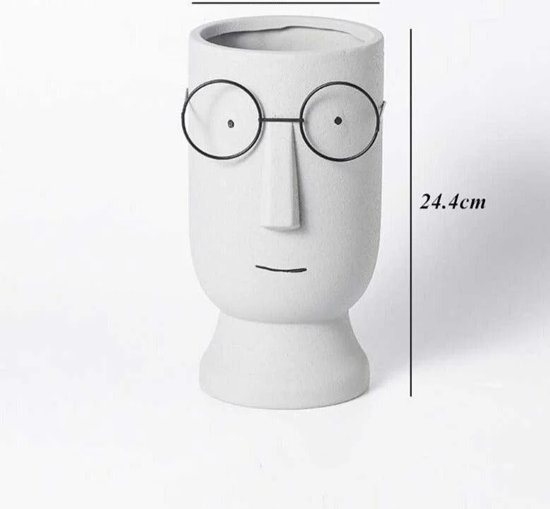 Abstract Cartoon Ceramic Head Planter with Glasses -