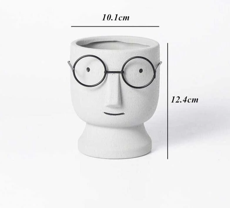 Abstract Cartoon Ceramic Head Planter with Glasses -