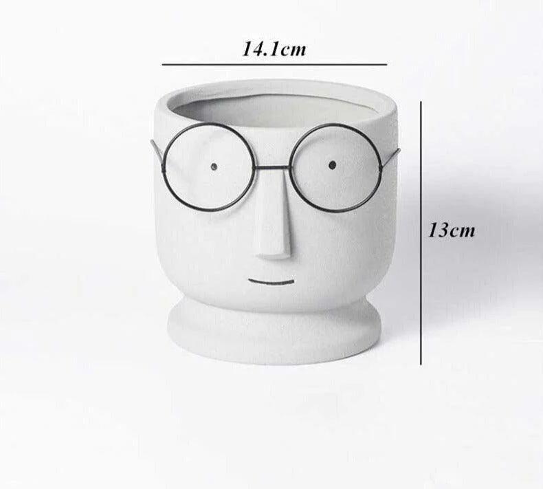 Abstract Cartoon Ceramic Head Planter with Glasses -