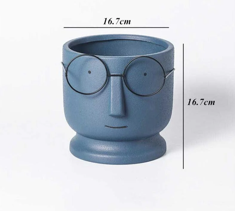 Abstract Cartoon Ceramic Head Planter with Glasses -