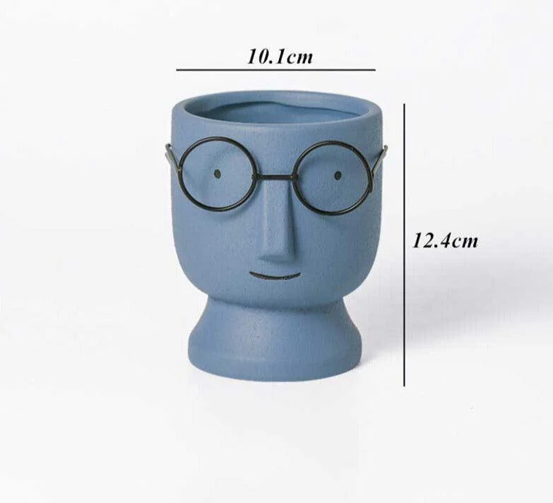 Abstract Cartoon Ceramic Head Planter with Glasses -