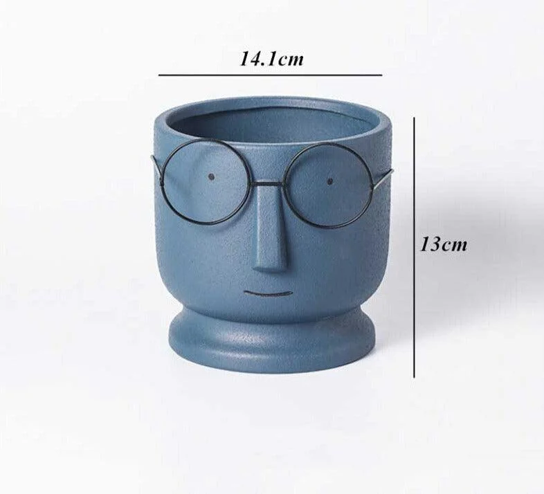 Abstract Cartoon Ceramic Head Planter with Glasses -