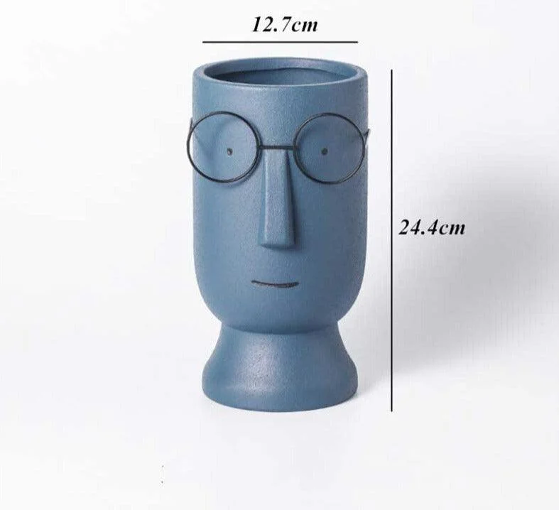 Abstract Cartoon Ceramic Head Planter with Glasses -