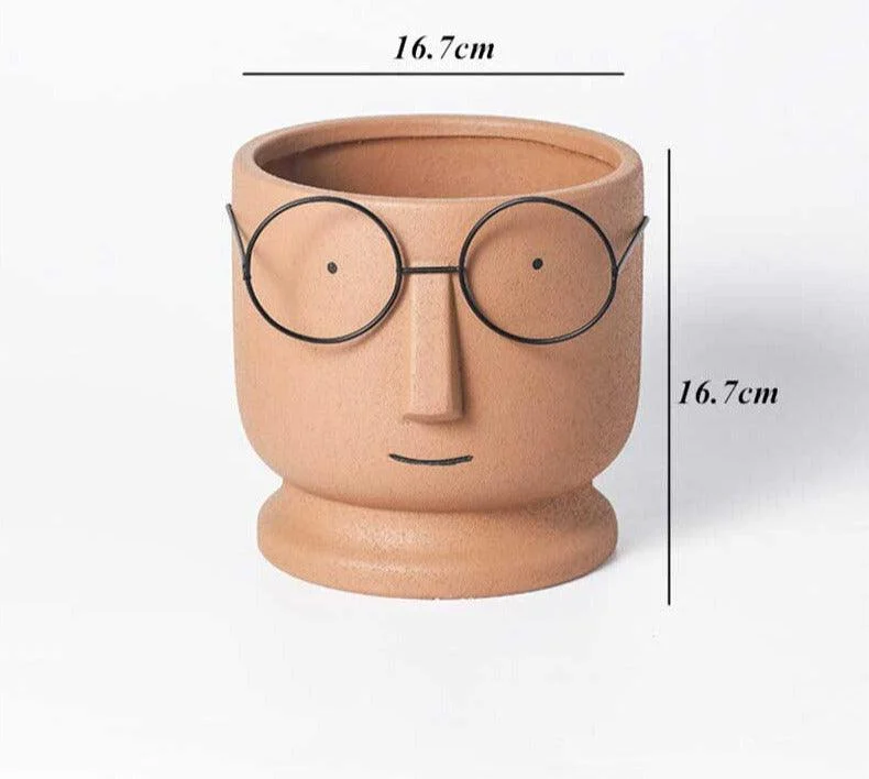 Abstract Cartoon Ceramic Head Planter with Glasses -