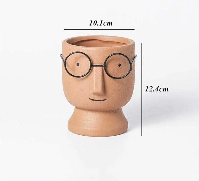 Abstract Cartoon Ceramic Head Planter with Glasses -