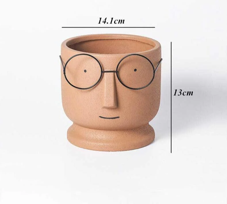 Abstract Cartoon Ceramic Head Planter with Glasses -