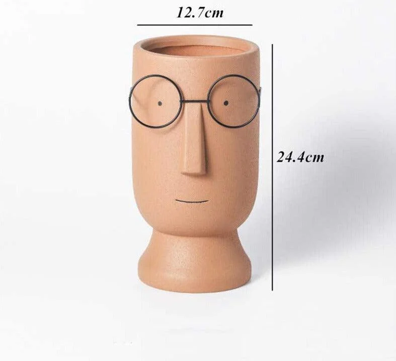 Abstract Cartoon Ceramic Head Planter with Glasses -