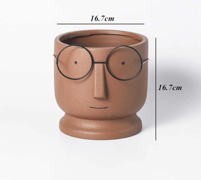 Abstract Cartoon Ceramic Head Planter with Glasses -