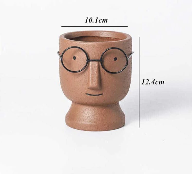 Abstract Cartoon Ceramic Head Planter with Glasses -