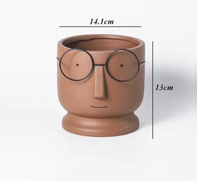 Abstract Cartoon Ceramic Head Planter with Glasses -