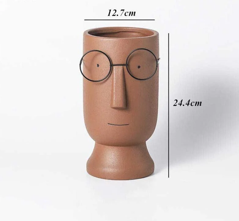 Abstract Cartoon Ceramic Head Planter with Glasses -