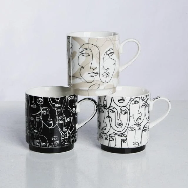 Abstract Face Line Drawing Coffee Cups -