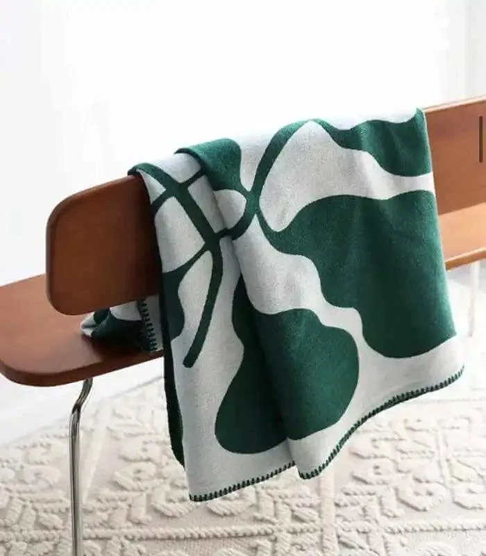 Abstract Leaf Pattern Throw Blanket Bohemian Throw Blanket Knitted  130x180 cm Green & White -  - #tag1#