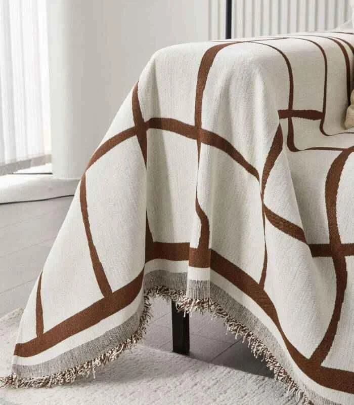 Abstract Patterned Knitted Throw Blanket | Double Sided Sofa Cover Brown White -  - #tag1#