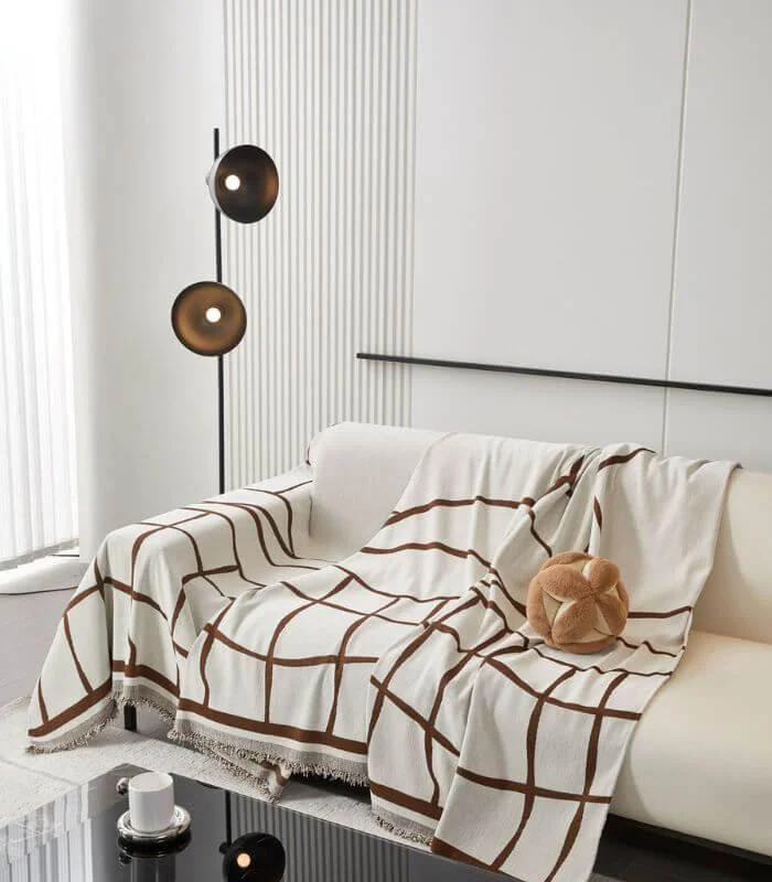 Abstract Patterned Knitted Throw Blanket | Double Sided Sofa Cover Brown White -  - #tag1#