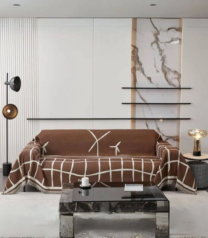 Abstract Patterned Knitted Throw Blanket | Double Sided Sofa Cover Brown White -  - #tag1#