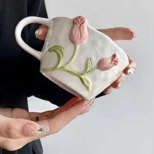 Aesthetic Ceramic Embossed Tulip Mug Plates