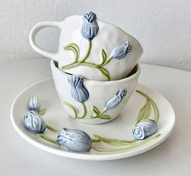 Aesthetic Ceramic Embossed Tulip Mug Plates -