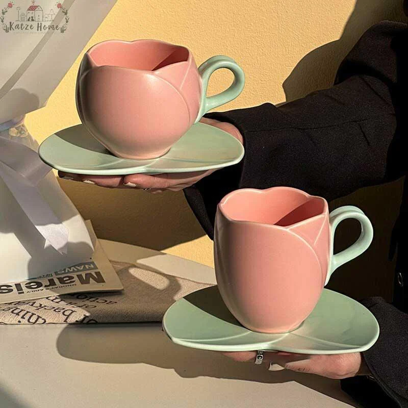 Aesthetic Ceramic Tulip Shaped Coffee Mug Saucer Set -