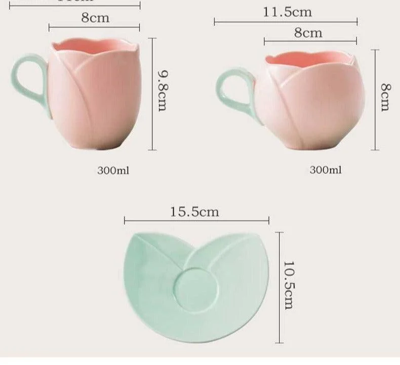 Aesthetic Ceramic Tulip Shaped Coffee Mug Saucer Set -