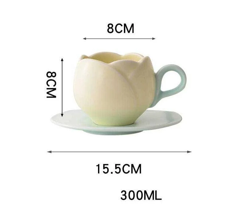 Aesthetic Ceramic Tulip Shaped Coffee Mug Saucer Set -